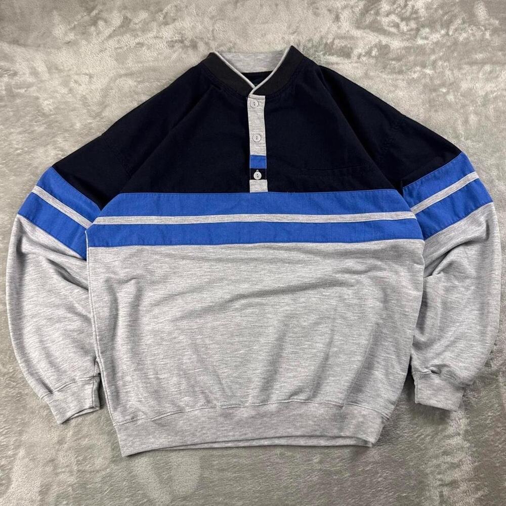 Vintage Great Northwest Rugby Shirt Mens Large Blue Gray Black Striped Pullover